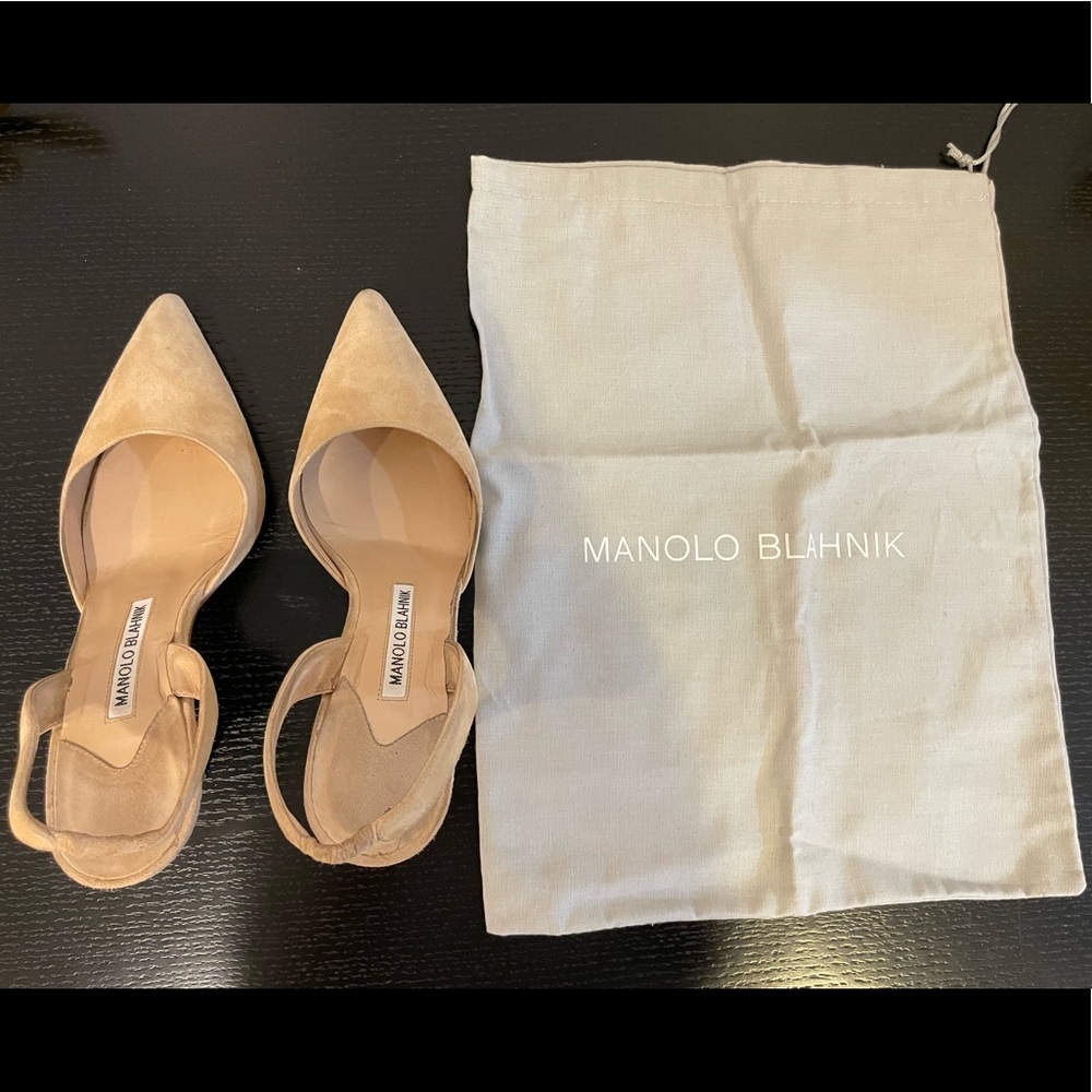 Manolo Blahnik Carolyn Slingback Suede Pumps in Beige, size 36.5M (US6.5), 90mm